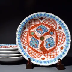 大明成化年製 色絵染付皿 金襴朱彩 輪花 5枚セット 中皿 深皿 皿 松竹梅 食器