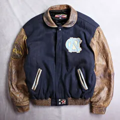 【JEFF HAMILTON】90s ジェフハミルトン ビンテージ ダメージ 袖革スタジャン レザーワッペン ノースカロライナ大学 Lサイズ