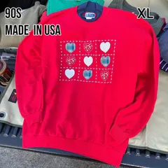 90s USA製 ハート柄 二重襟スウェット 赤 レトロガーリー 雰囲気系 ダサかわ