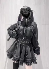 🖤3点セット🖤 ゴシック モード フリル ジップアップ パーカー トップス スカート レッグウォーマー 地雷系 量産型 病みかわ ブラック ベルト レディース 黒  甘辛かわいい 二次元 ロリィタ 界隈 渋谷 原宿 ゴスロリ