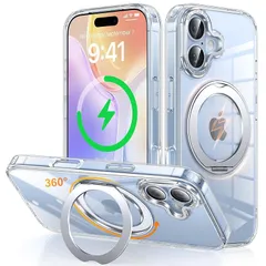 iPhone 17 用 ケース Magsafe対応 ワイヤレス充電 360°回転スタンド 縦横両対応 Gunwon スマホケース あいふおん 17 用 米軍規格 耐衝撃 マグセーフ 防指紋 リング マグネット搭載 アイフォン17 用 カバー「クリア」 1