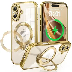 iPhone 17 用 ケース MagSafe対応 光沢CD紋様リング 360°定点回転スタンド 縦横両対応 マグセーフ対応 メッキバンパー キラキラ 背面クリア 精密開口レンズ保護 いphone 17 ケース Gunwon スマホケース 米軍規格 耐衝撃 1