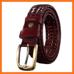 [Brand New] [ASPALAND] Braided Men's Belt, Retro Buckle, Genuine Cowhide Leather, Business/Casual, Adjustable Length (Wine Red) 1