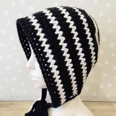 ボンネット　ニット帽　クロシェハット　ニットフード　フード帽子　バラクラバ　手編み　ハンドメイド　ブラック