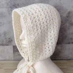 ボンネット　ニット帽　クロシェハット　ニットフード　フードキャップ　バラクラバ　手編み　フード帽子　ハンドメイド　ホワイト