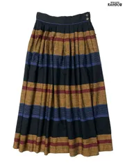 古着 ボーダー柄 リネン ロング丈 タック スカート 茶 (btu2512040)