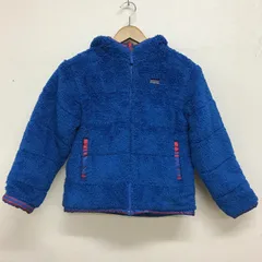 訳あり パタゴニア キッズ リバーシブルフーディ ボアフリースジャケット ブルー/マルチボーダー 150cm相当？