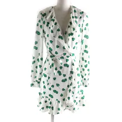 良品★MIUMIU ミュウミュウ MF2785 イチゴプリント フリルカラー 長袖 ラップワンピース ホワイト グリーン 36 イタリア製 正規品 レディース