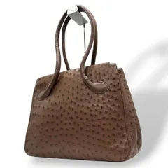 美品 オーストリッチ ハンドバッグ 茶 ブラウン フルポイント レザー 本革 ワンショルダー トートバッグ 肩掛け可 ゴールド金具 高級感 T