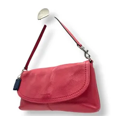 【美品】コーチ ハンドバッグ レザー 本革 ピンク ネイビー バイカラー アクセサリーポーチ リストレット ミニバッグ コンパクト 軽量 レディース フラップ カジュアル パーティー チャーム付き シボ革 クリーニング済み U1