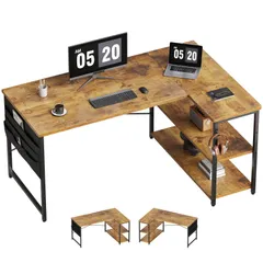 【特価セール】pcデスク 収納袋付き勉強机 l字デスク ゲーミングデスク コーナーデスク 幅107cm 右棚左棚 本棚付き 学習机 机 ビンテージ パソコンデスク