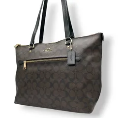 美品 コーチ COACH ギャラリー トートバッグ シグネチャー PVC レザー ブラウン ブラック ダークブラウン F79609 ゴールド金具 A4収納可 肩掛け ジップトップ 大容量 レディース 通勤 ビジネス エレガント 定番 人気 鞄 カバン s84