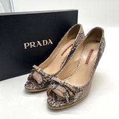 美品 PRADA プラダ パイソン ウェッジサンダル ミュール リボン ロゴ