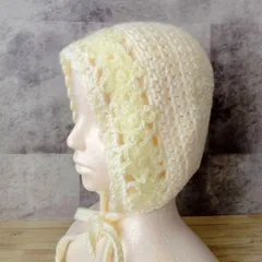 ボンネット　手編み　バラクラバ　ニット帽　クロシェハット　耳当て付きニット帽　モチーフ編み　透かし編み　ニットフード　白