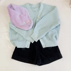 A479　RICCA RICCA リッカリッカ 黒 コーデュロイ ショートパンツ　GU 水色カーディガン　140　マフラー