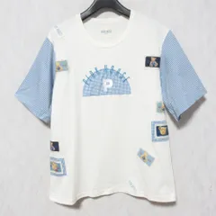 美品 PINK HOUSE ピンクハウス WORLD ギンガムチェックスリーブ パッチワーク Tシャツ カットソー A2191UTS426 オフホワイト ブルー レディース 古着 中古 USED