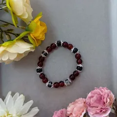 ダークレッド×ブラック マーブル調ビーズブレスレット（16cm）／ハンドメイド・シルバーアクセント入り