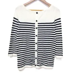 美品 バーバリーブルーレーベル ボーダー柄 コットン×シルク ボートネック ニットカーディガン 38 オフホワイト×ネイビー レディース 古着 中古 USED