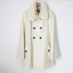 良品 BURBERRY BLUE LABEL バーバリー ブルーレーベル 裏地ノバチェック フォックスファー付き ダブルコート 36サイズ アイボリー レディース 古着 中古 USED