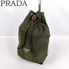 PRADA プラダ 巾着型ポーチ バニティバッグ コスメポーチ 化粧ポーチ 小物入れ カーキ グリーン系 緑 三角ロゴプレート ナイロン レディース