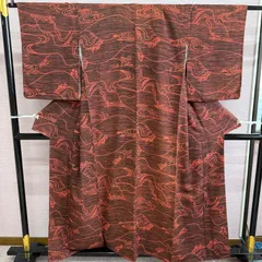 小紋　袷　着物　赤　黒　風景柄　リサイクル着物　k-879