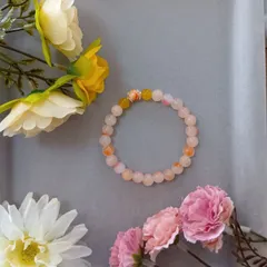 ピンク・オレンジ・イエロー ミックスビーズブレスレット（17cm）／ハンドメイド・マーブル＆シルバーアクセント入り