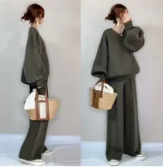 セットアップ レディース カジュアル きれいめ 春 秋 冬 秋冬 韓国 Vネック ニット ワイドパンツ 上下セット トップス セーター 2点セット パンツ ロング ゆったり 大きいサイズ 長袖 体型カバー シンプル シンプル 無地 オフィス 大人 上品