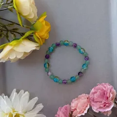 マルチカラー クラック＆マーブル調ビーズブレスレット（16cm）／ハンドメイド・シルバーアクセント入り