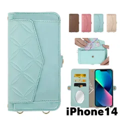 【新品未使用】 iPhone14 アイフォン14 ストラップ付き 手帳型スマホ ケース ショルダー (カバー色ミント) カード収納 鏡付き ミラー 可愛い カバー おしゃれ 韓国  flip56-muji-ip14-mi