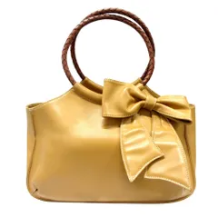 良品 Kitamura キタムラ レザー リボン ハンド バッグ 編み込みハンドル 本革 かばん 鞄 ベージュ キャメル レディース 古着 中古 USED