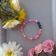 マルチカラー クラック＆マーブル調ビーズブレスレット（16cm）／ハンドメイド・シルバーアクセント入り