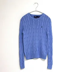 POLO RALPH LAUREN  ポロラルフローレン ケーブルニット コットン クルーネック セーター PIMA COTTON ピマ綿 水色 スカイブルー 近年モデル QRコード付 ロゴ刺繍 ポニー 長袖 レディース　SP スリムフィット 希少カラー　美品