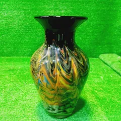 【吹きガラス工芸品】ガラス花瓶 金箔調 マーブル模様 インテリア 花器