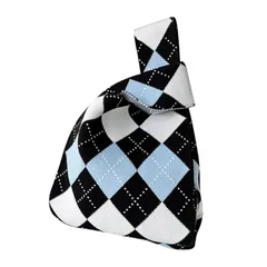 [Euyqs] ニットバッグトート 買い物 手提げ レディースニット素材 コンパクトサイズ ミニトートバッグ (#49 青と白格子柄)