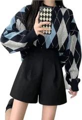 レディース ハイウエスト ショートパンツ タック カジュアル シンプル Aライン 美脚 ボトムス バックファスナー ウールタッチ パンツ 2カラー ボトム キュロット ショーパン 無地 秋 冬 ポケット ゆったり ショート 丈 ウール [ブラック] [2XL]