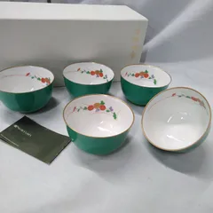 【美品】有田焼 香蘭社 湯呑み 菊紋 グリーン 茶器 5組セット 金彩 ※箱に汚れあり R492