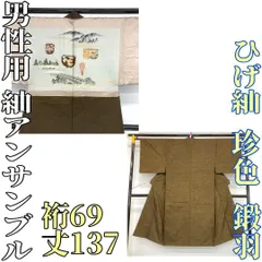 【着物と帯 時流】M241247◆ひげ紬 男性用アンサンブル◆珍色 緞羽 美品