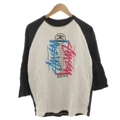 ステューシー STUSSY 00s Y2K ラグランTシャツ カットソー 七分袖 ワールドツアー ロゴプリント M ホワイト 黒 ブラック /FF