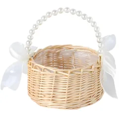 [SakuraLovely8] フラワーバスケット パール 手編み 小物収納 ナチュラルかご 