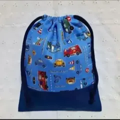 ハンドメイド、働く車柄の給食袋、巾着袋、コップ入れ、青