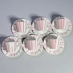 【6客揃】 YAMAAI JAPAN カップ&ソーサー 赤 ストライプ マグカップ レッド 紅茶 コーヒー カップ 茶器 昭和 レトロ アンティーク