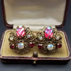 ドイツ ヴィンテージ フィリグリー装飾 フローラル クリップ イヤリング 赤系 ゴージャス レトロ コスチュームジュエリー Y25-R