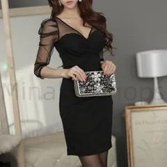 【新品?未使用】 キャバドレス ミニワンピ セクシー パーティードレス シースルー チュール袖 ショート タイトワンピース Vネック フェミニ