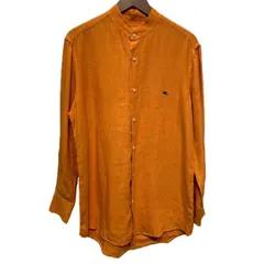 ETRO　プレーンシャツ　長袖　シャツ　トップス　ノーカラー　無地　ワンポイント　ブランドロゴ　刺しゅう　イタリア製　古着