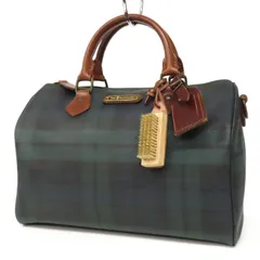 NK25053 美品 POLO RALPH LAUREN ポロラルフローレン ミニボストンバッグ ハンドバッグ ブラックウォッチ チェック柄 PVC×レザー ブラシ付き グリーン 緑系×茶 メンズ レディース