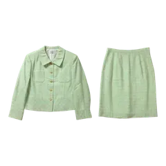 アリスバーリー Aylesbury セットアップ ジャケット スカート スーツ ツイード デザインボタン ポケット 肩パッド 裏地付き 黄緑系 Lサイズ 984619