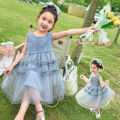 【新品未使用】女の子 ワンピース ドレス デニムチュールワンピ 夏 90-140cm お出かけ 可愛い 通園 海水浴 おしゃれ 涼しい