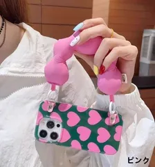 新作 かわいい シンプル ローズピンク ハート柄 パッド入り 手首ストラップ iPhoneケース（iPhone 16 Pro Max / 15 / 14 / 13対応）