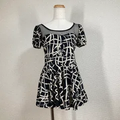 【セシルマクビー】チュニック　カットソー　CECIL McBEE　黒　ブラック　M　レース　総柄 ミニ丈　フレア　パフスリーブ Y2K