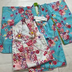 七五三 着物セット 女の子 箱あり 華やかな花柄 白青ピンク赤 髪飾り
